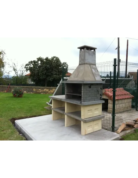 Barbecue avec brasero, double cheminée, support, table, deux étagères