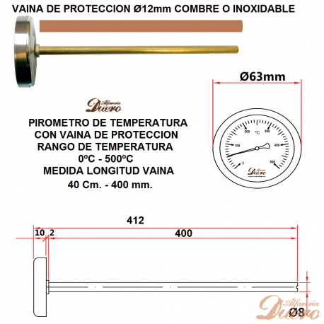 Pirometro 500ºC 400 mm con Vaina
