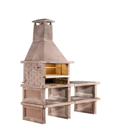 Barbecue avec brasero, double cheminée, support, table, deux étagères