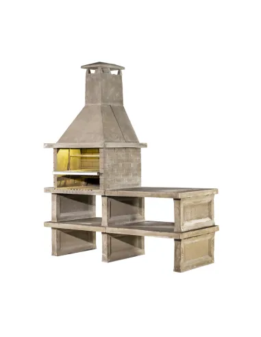 Barbecue avec brasero, double cheminée, support, table, deux étagères