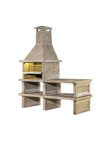 Barbecue avec brasero, double cheminée, support, table, deux étagères